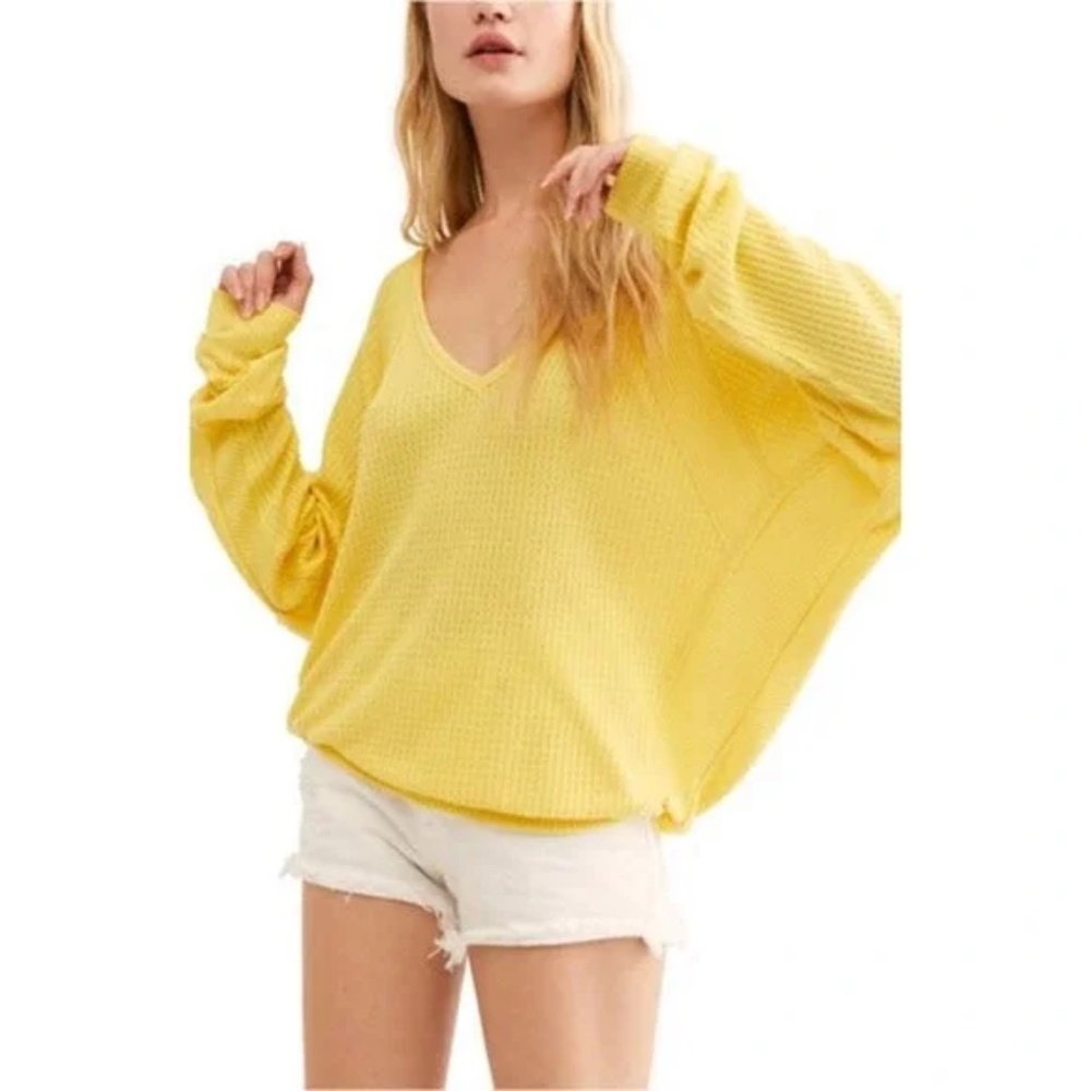 We The Free Oversided V-Neck Waffle Knit Sweater - Yellow
